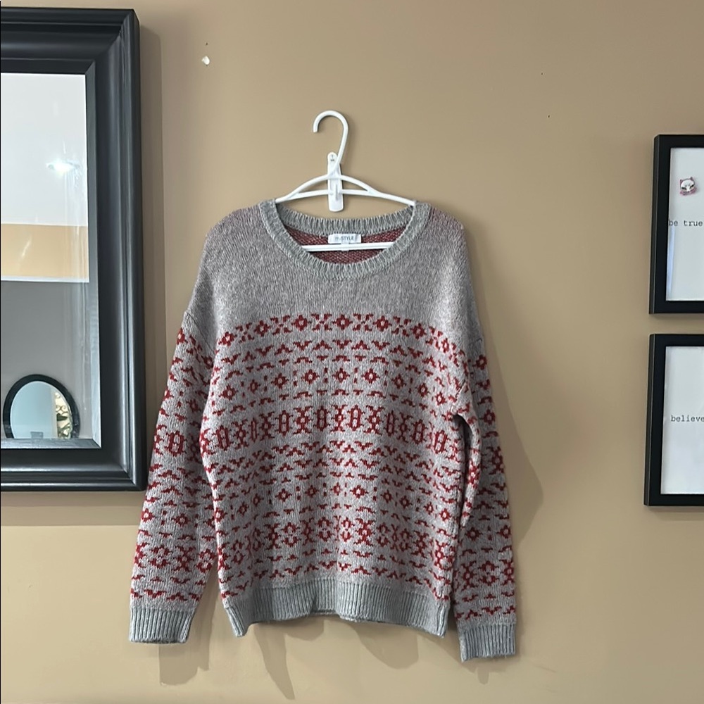 Gray and Red Patterned Sweater